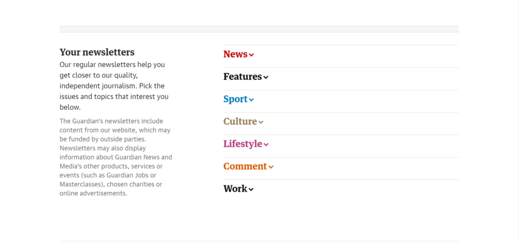 An example of an email subscription preference centre from the Guardian's Newsletter Signup