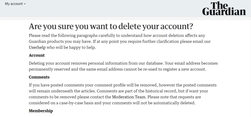 The Guardian's account deletion page.