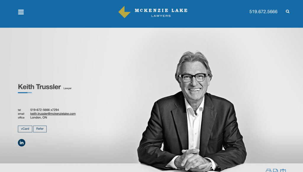 Screenshot of lawyer bio on the new McKenzie Lake website