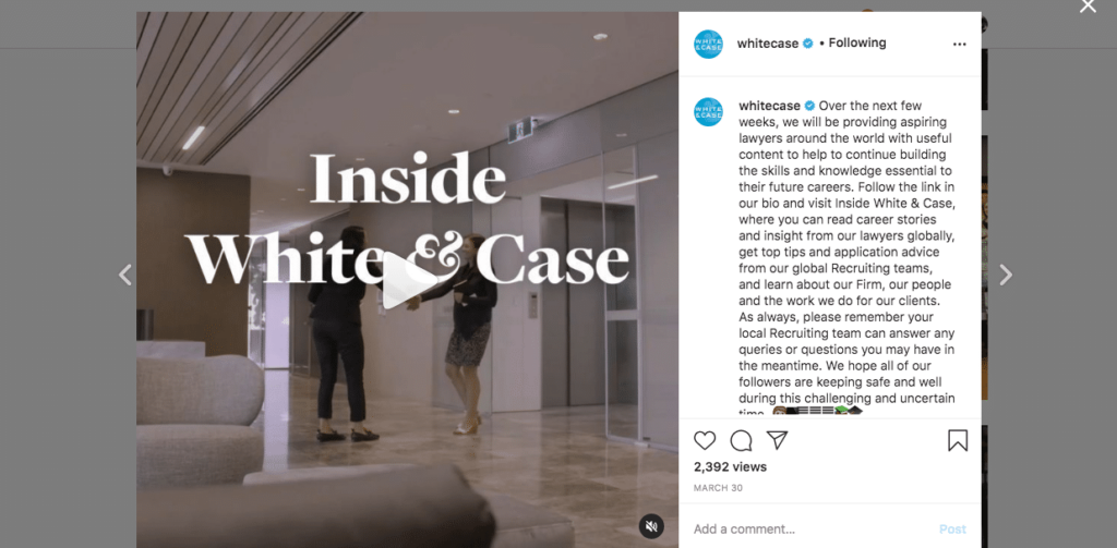 Inside White & Case, an instagram post video