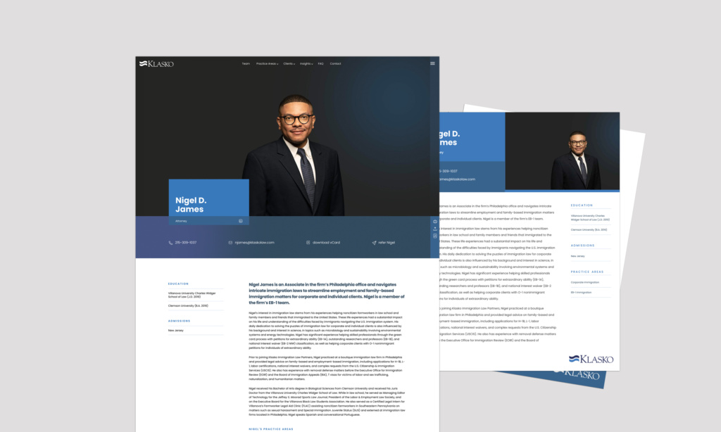 Sample lawyer bio page created by fSquared Marketing.