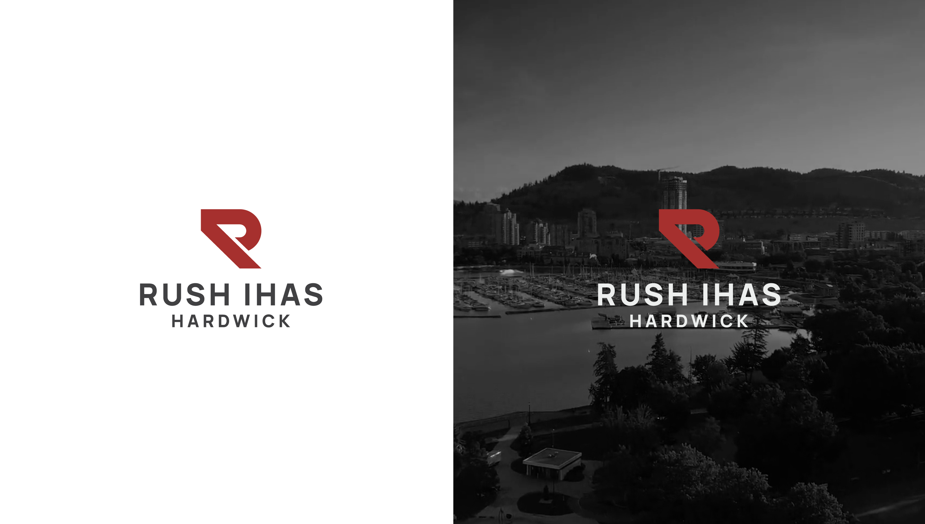 Rush Ihas branding showing logo redesigned on dark and light background