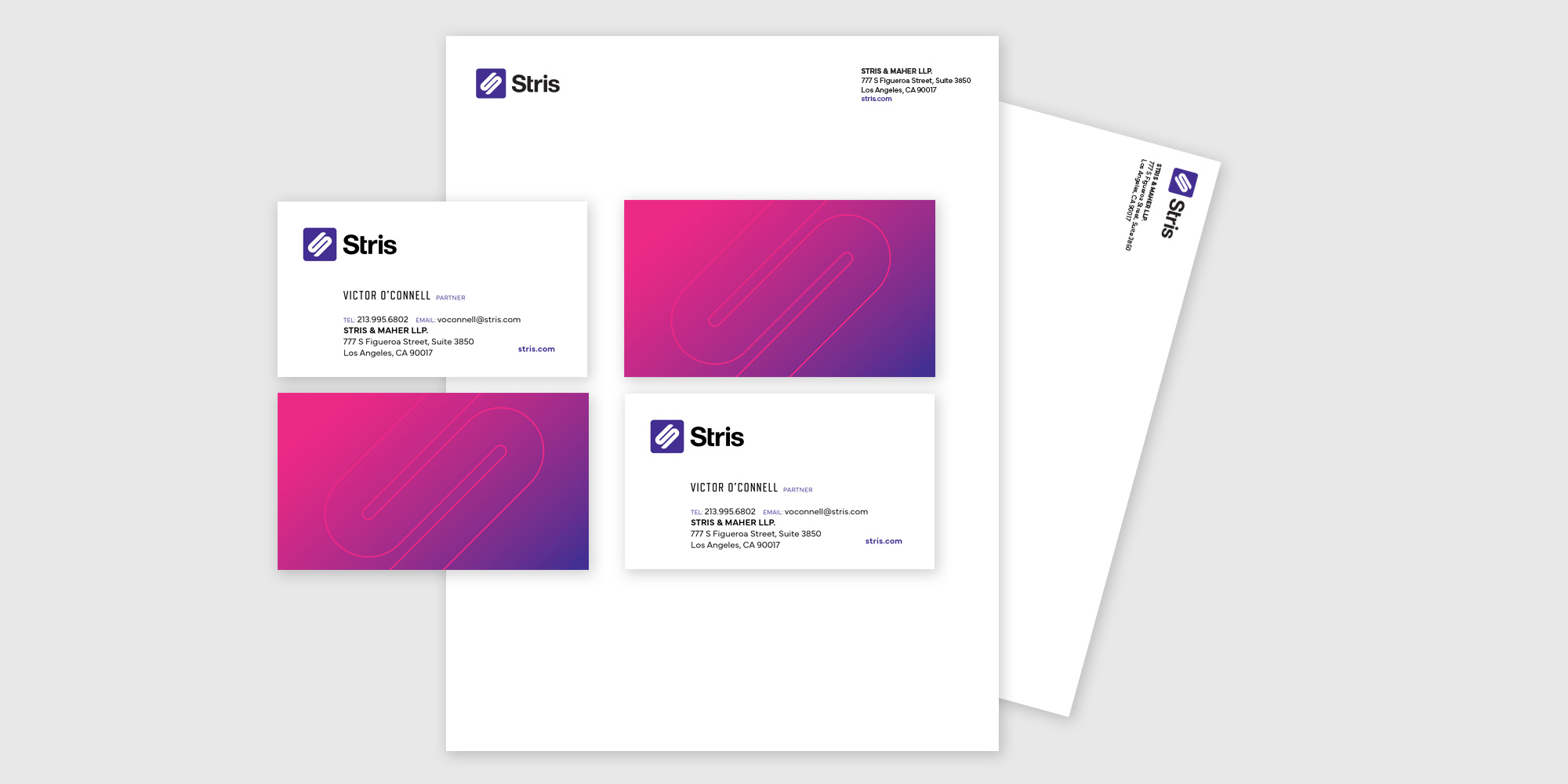 New stationery with the Stris law firm brand, logo and logomark, including letterhead, envelopes, and business cards