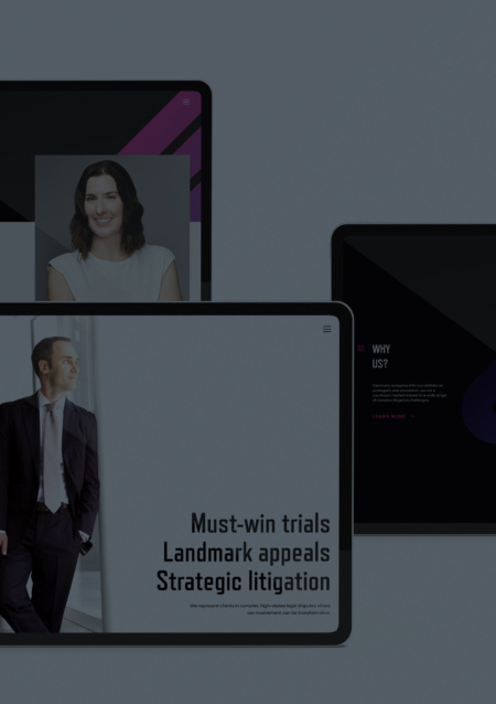 Responsive design pages from the new Stris law firm website, displayed on tablet screens