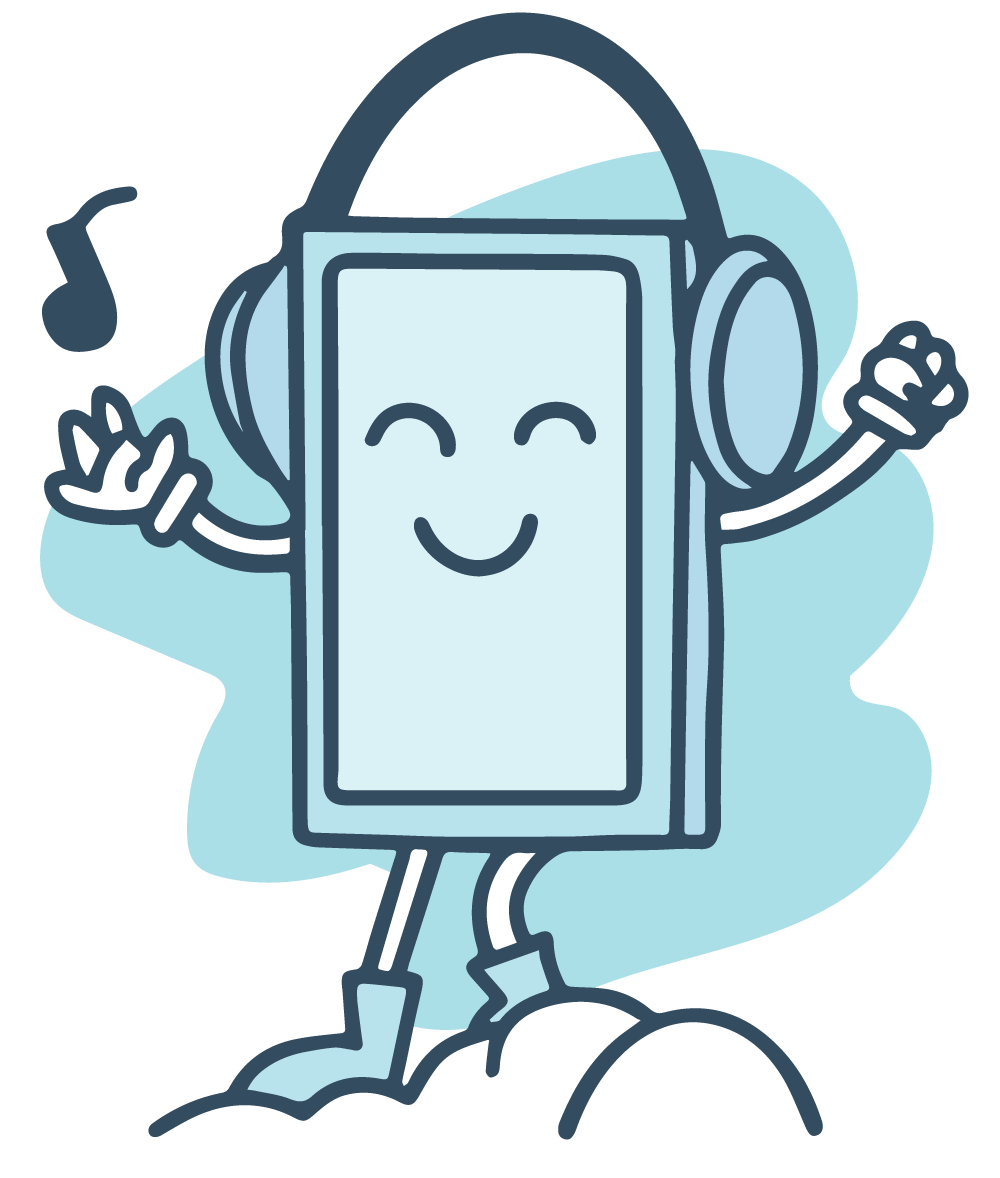 A smiling smartphone with legs and arms dances while listening to music through headphones.