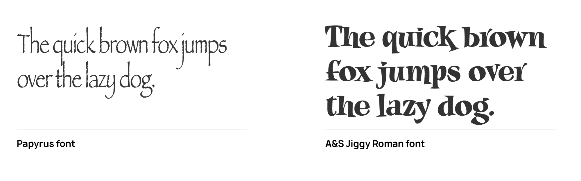 The phrase "The quick brown fox jumped over the lazy dog" appears in Papyrus font and A&S Jiggy Roman font.