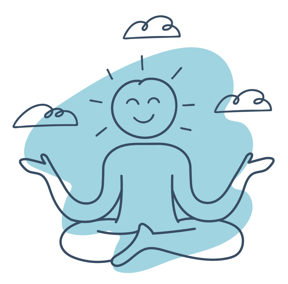 A smiling person seated in mediation with sunshine and clouds moving the background.