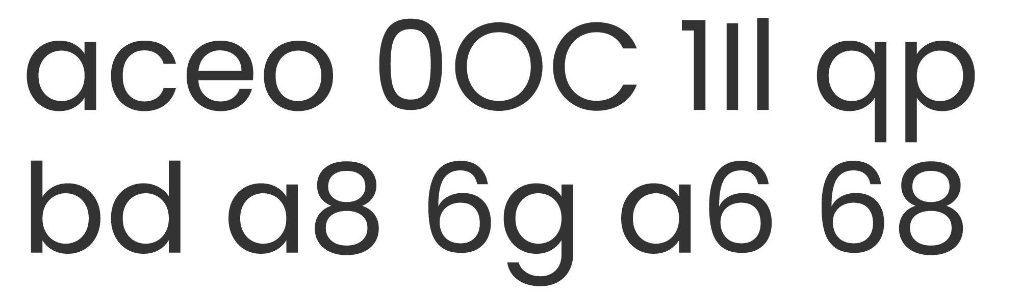 A series of similar characters from the Poppins font, including: aceo, 0OC, 1Il, qp, bd, a8, 6g, a6, and 68