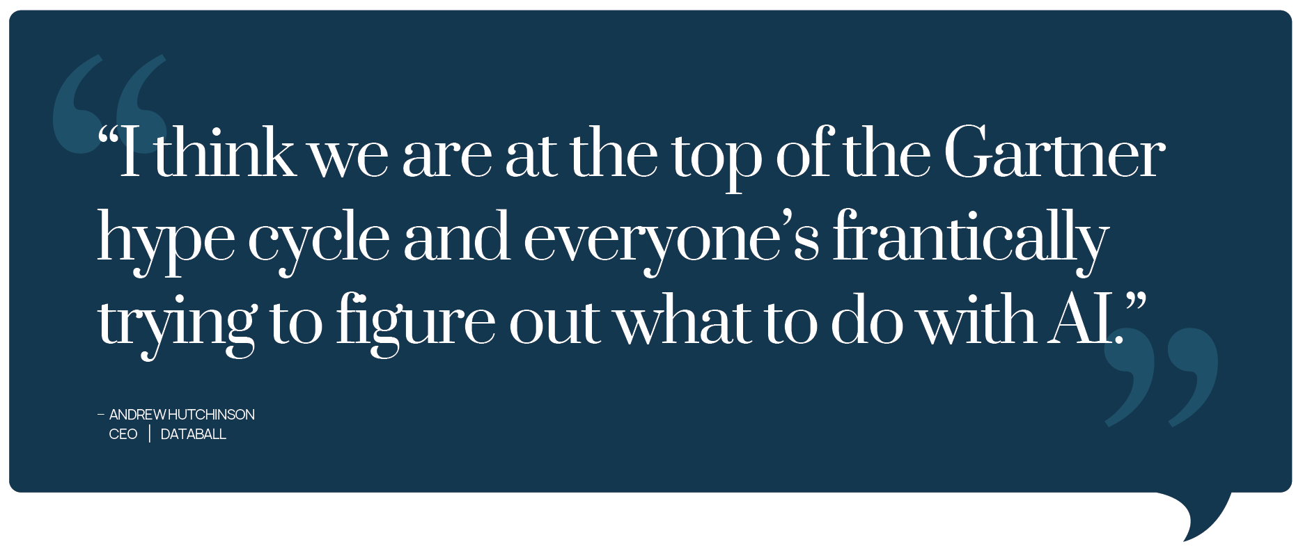 A pull quote that reads "I think we are at the top of the Gartner hype cycle and everyone's frantically trying to figure out what to do with AI." Andrew Hutchinson | CEO | Databall