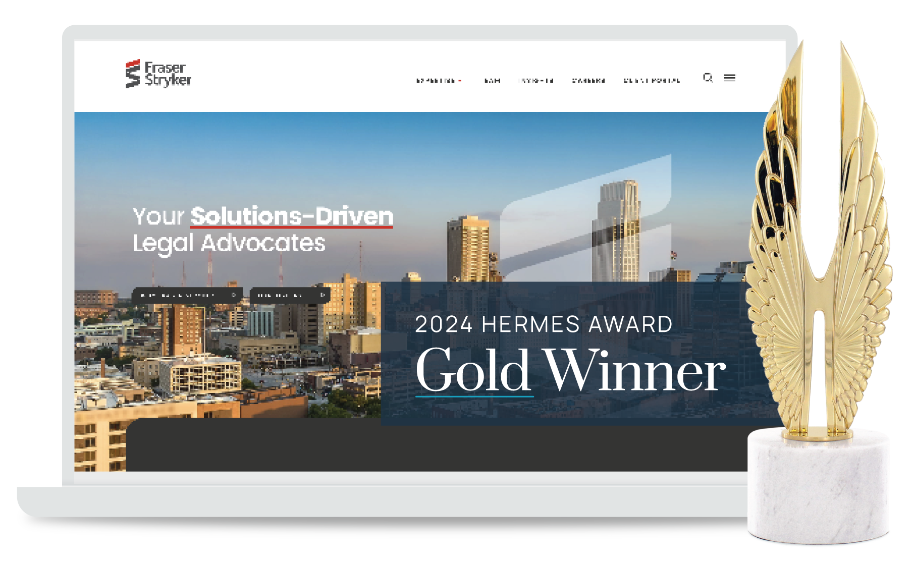 A screenshot of the Fraser Stryker homepage with the Hermes gold trophy